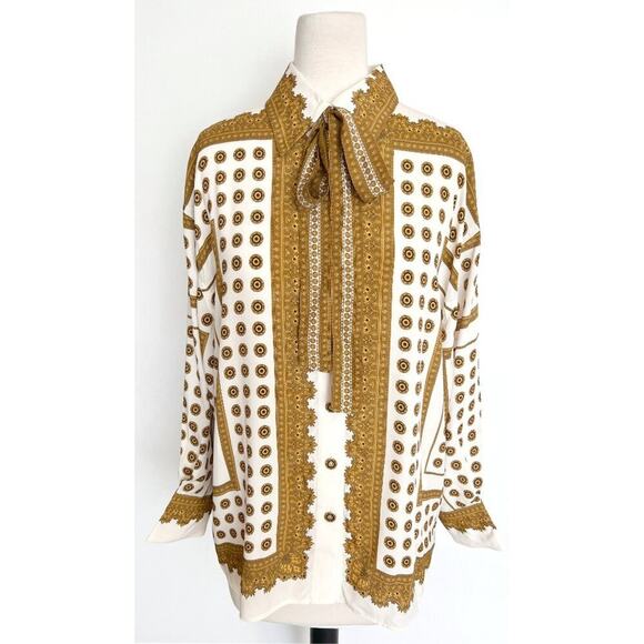Zimmermann Silk Viscose Tie Neck Blouse White Gold Print Size M - Picture 2 of 9